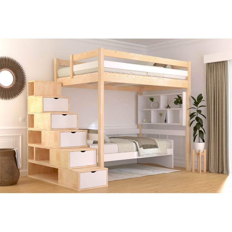 Letto a soppalco 120x200 con accesso tramite scala cubica e verniciato bicolore