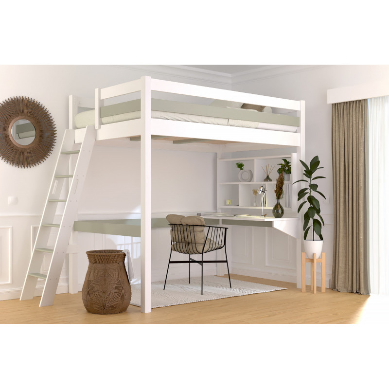 Lit mezzanine 1 place échelle inclinée – vernis bicolore blanc/moka