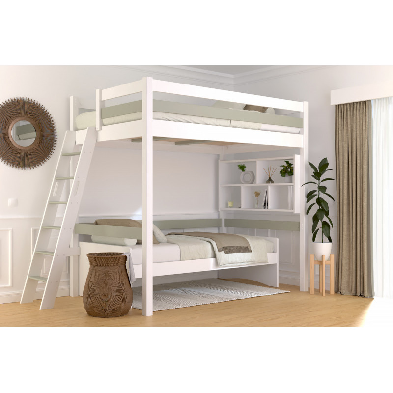 Lit mezzanine 120x200 échelle inclinée – vernis blanc/moka