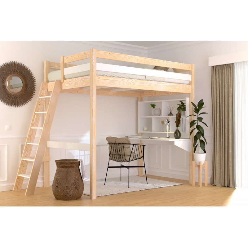 Lit mezzanine 1 place échelle inclinée avec vernis bicolore (vernis transparent/blanc)