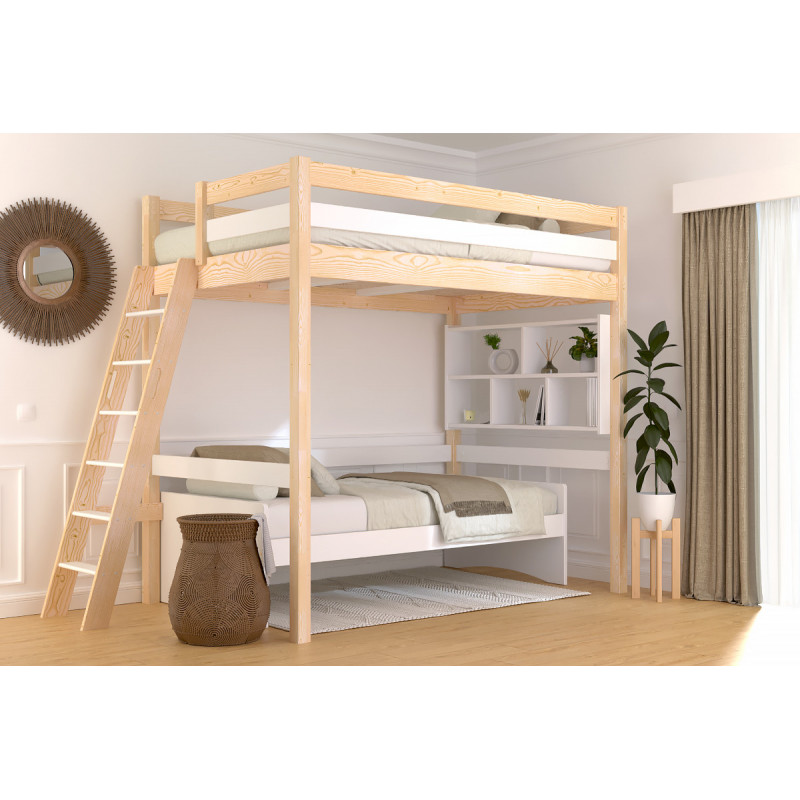 Lit en hauteur vernis bicolore naturel/blanc – accès échelle inclinée