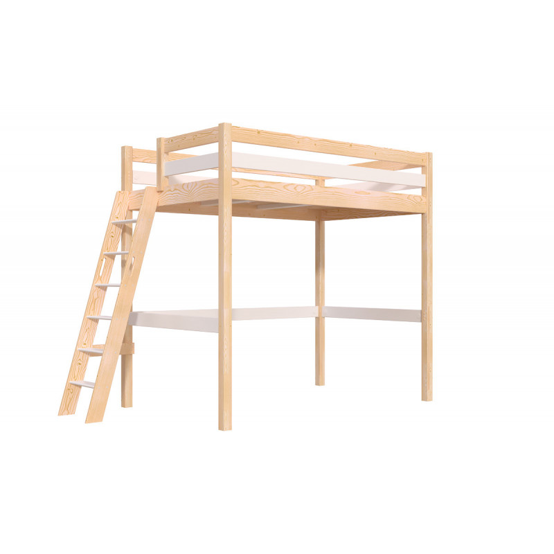 Lit en hauteur - bicolore (vernis naturel/blanc) avec échelle inclinée