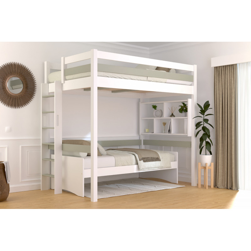 Letto rialzato in legno massello con verniciatura senza solventi bianco/moka – accesso con scala diritta