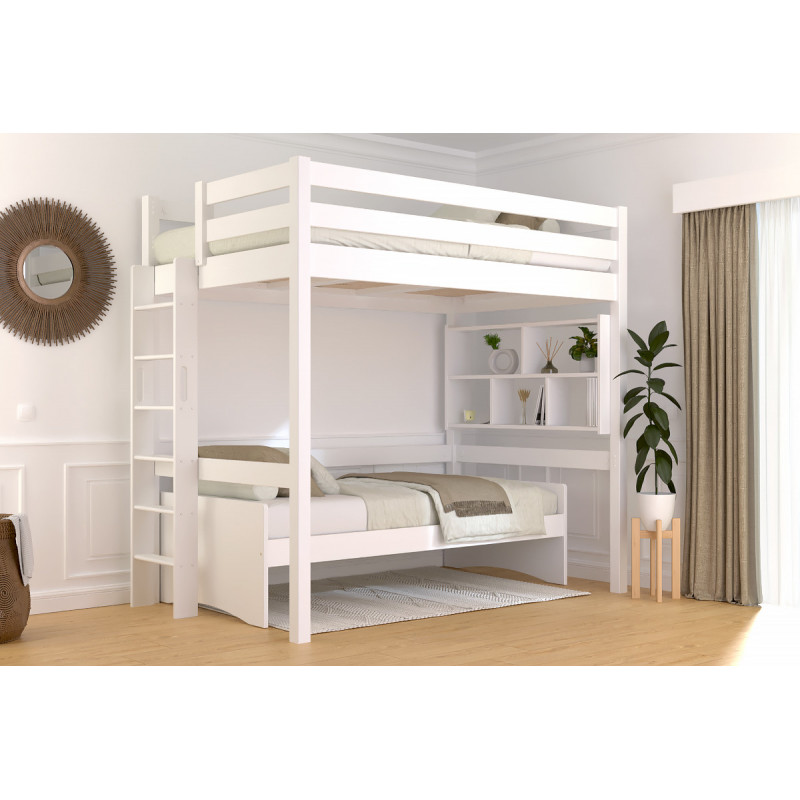 Letto rialzato in pino massiccio con scala diritta e vernice all'acqua bianca