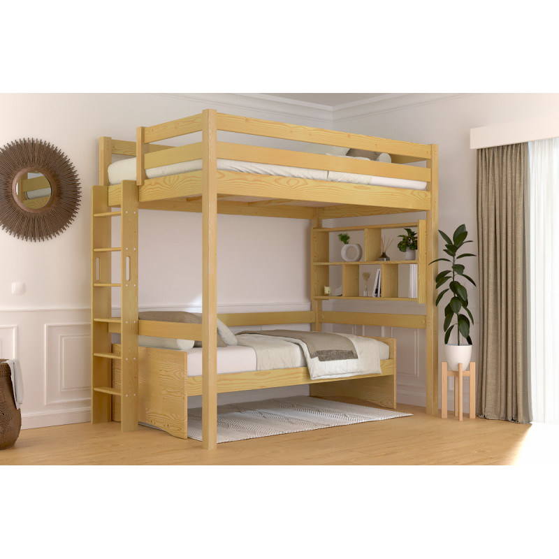 Letto rialzato in legno massello con scala diritta – fabbricato in Francia – verniciato senza solventi color miele