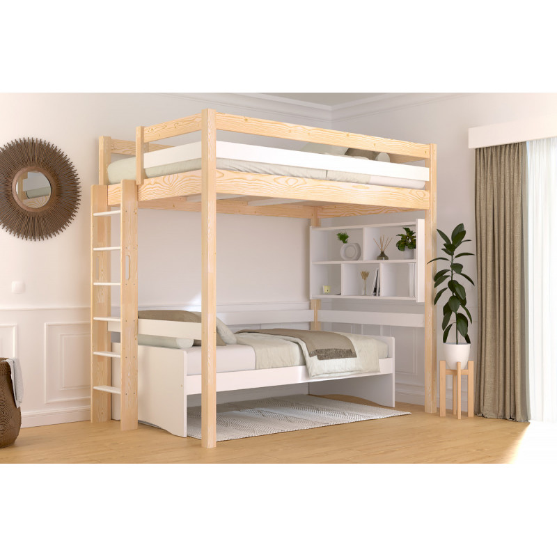 Letto rialzato verniciato naturale/bianco in legno massello con scala diritta