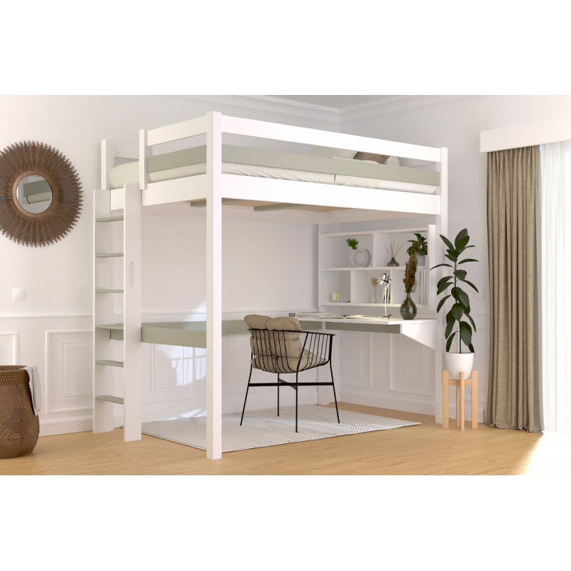 Letto rialzato in legno massiccio con scala diritta salvaspazio – verniciato bicolore bianco/moka