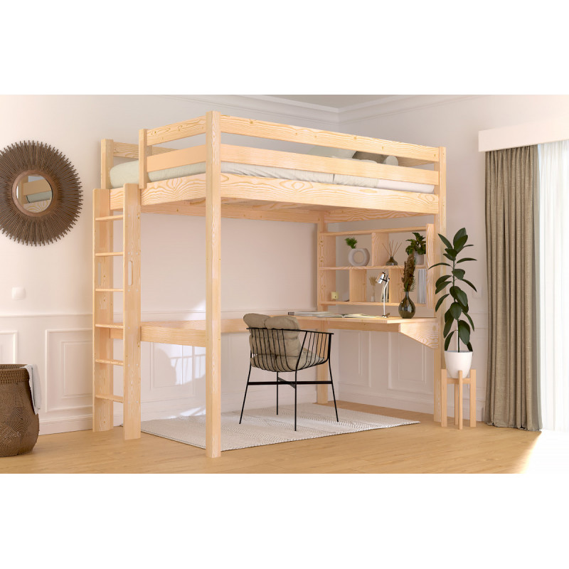 Letto rialzato in legno massiccio con accesso tramite scaletta diritta fabbricato in Francia - non verniciato