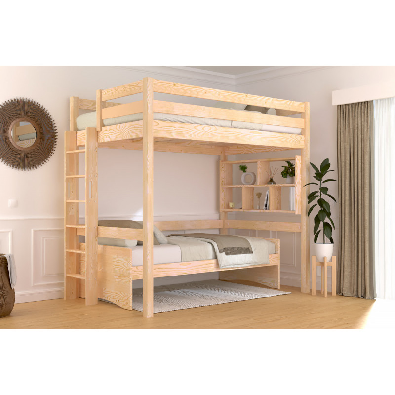 Letto rialzato 120x200 in pino massiccio con scaletta diritta - fabbricato in Francia - grezzo