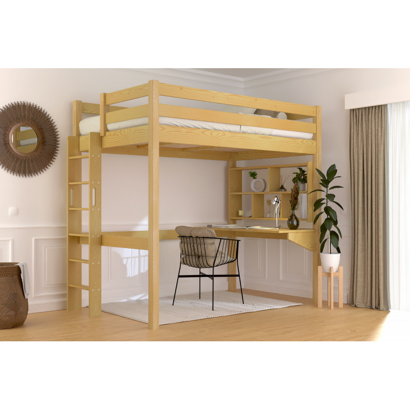 Letto rialzato in legno massello con scala diritta e verniciato all'acqua color miele