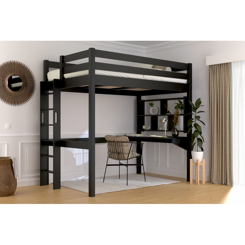 Letto rialzato 120x200 in legno massello con scaletta diritta – fabbricazione francese – verniciato nero satinato