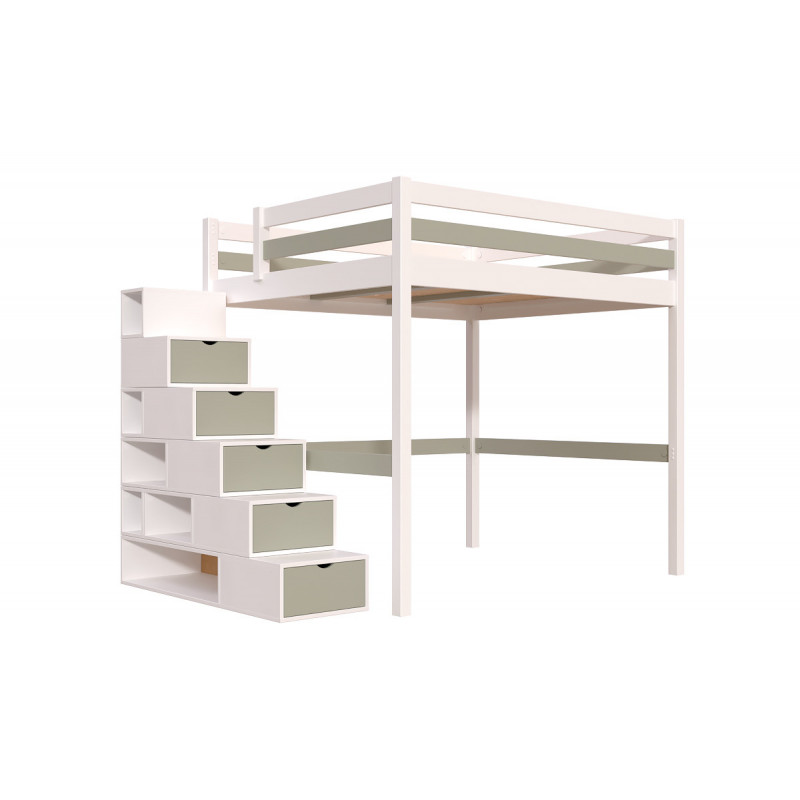 Lit Mezzanine bois 160x200 avec escalier cube Sylvia