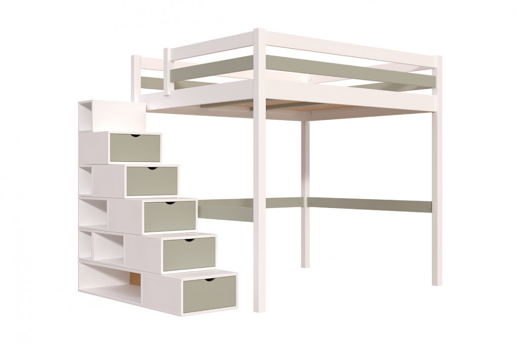 Lit Mezzanine bois 160x200 avec escalier cube Sylvia