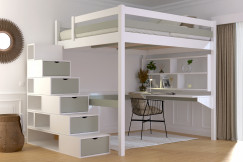 Lit Mezzanine bois 160x200 avec escalier cube Sylvia