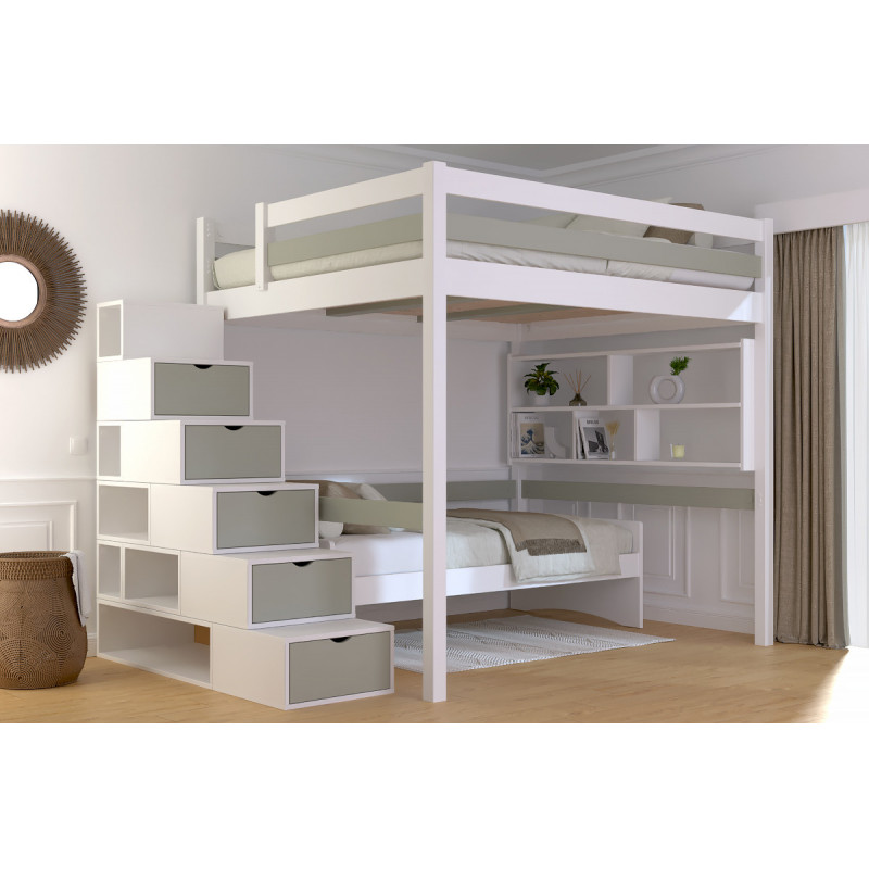 Lit 2 places en hauteur fabriqué en France en bois massif – escalier cube – vernis blanc/moka