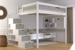 Lit Mezzanine bois 160x200 avec escalier cube Sylvia