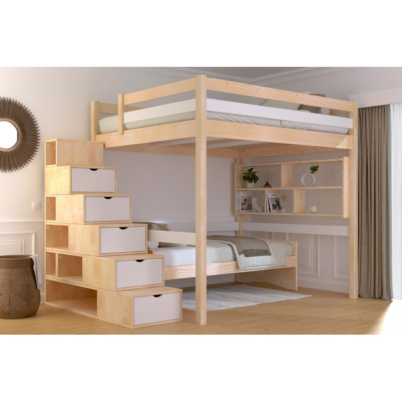 Cama alta doble de pino macizo fabricada en Francia, escalera cúbica - barniz natural/blanco