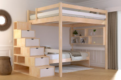 Cama alta Sylvia con estanteria escalera 160x200