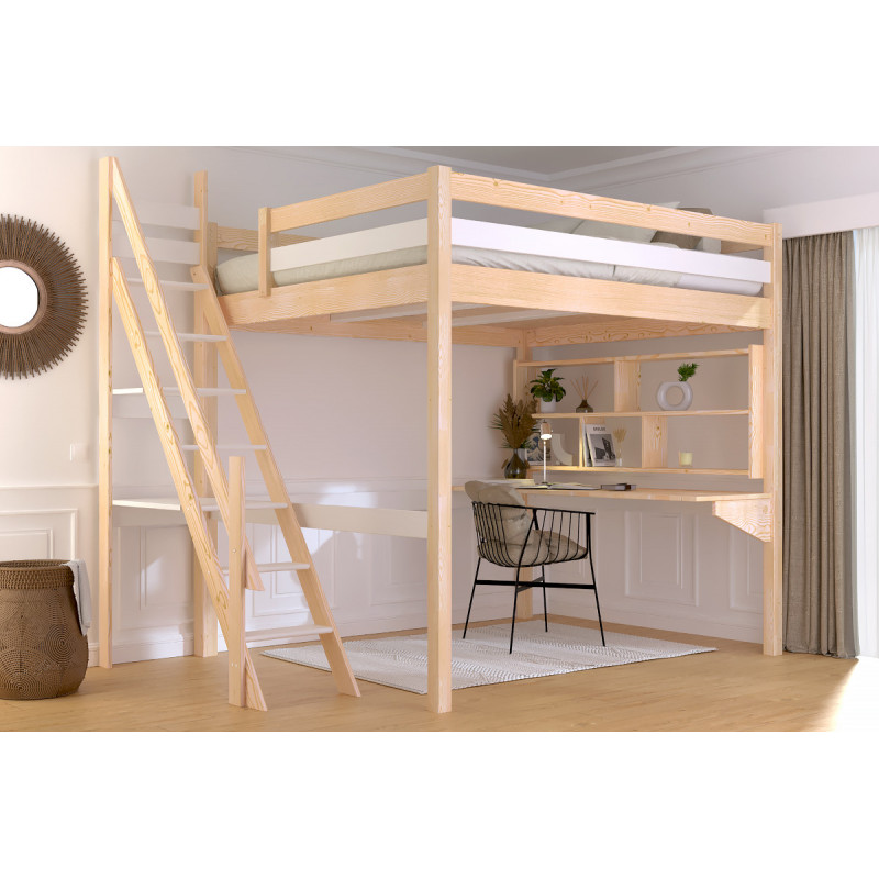 Cama alta de 160 x 200 con escalera de molinero y barniz bicolor sin disolventes