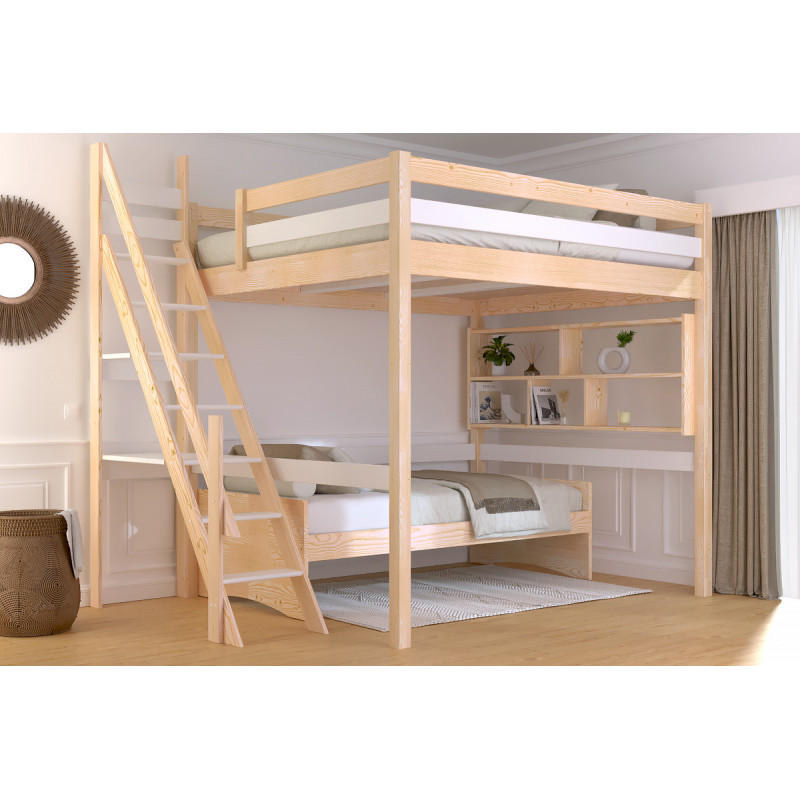 Cama alta de 2 plazas con barniz bicolor (natural/blanco) y acceso por escalera de molinero