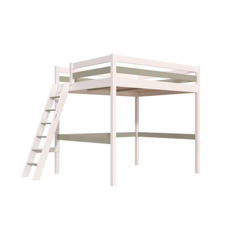 Mezzanine 2 places 160x200 en bois massif avec échelle inclinée – blanc/moka