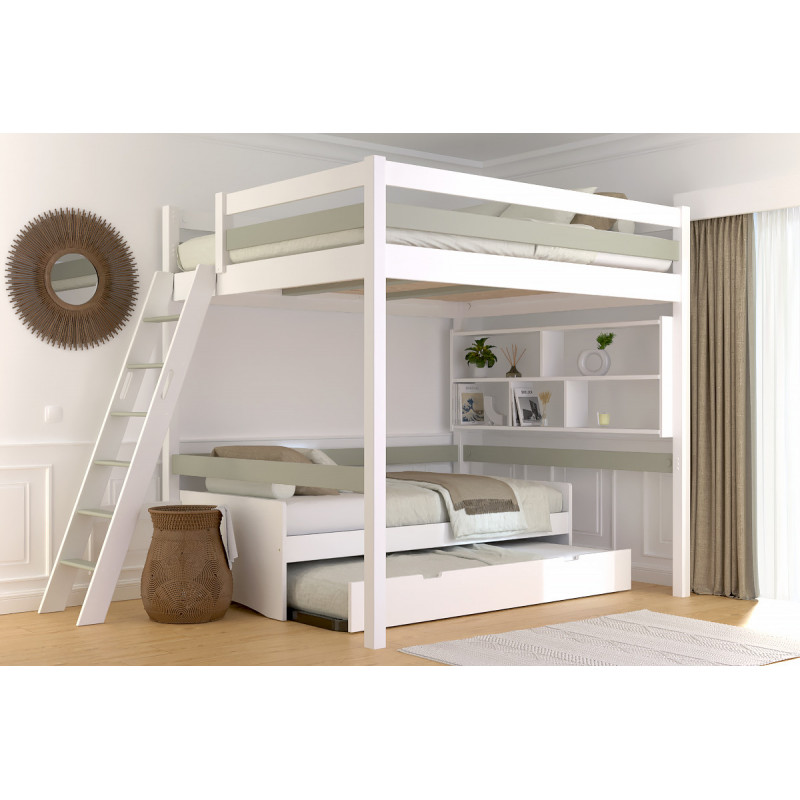 Lit mezzanine 160x200 en bois massif avec vernis bicolore blanc/moka