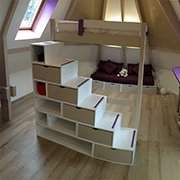 Mezzanine bed Sylvia with block staircase and block sofa - White/Moka personalized